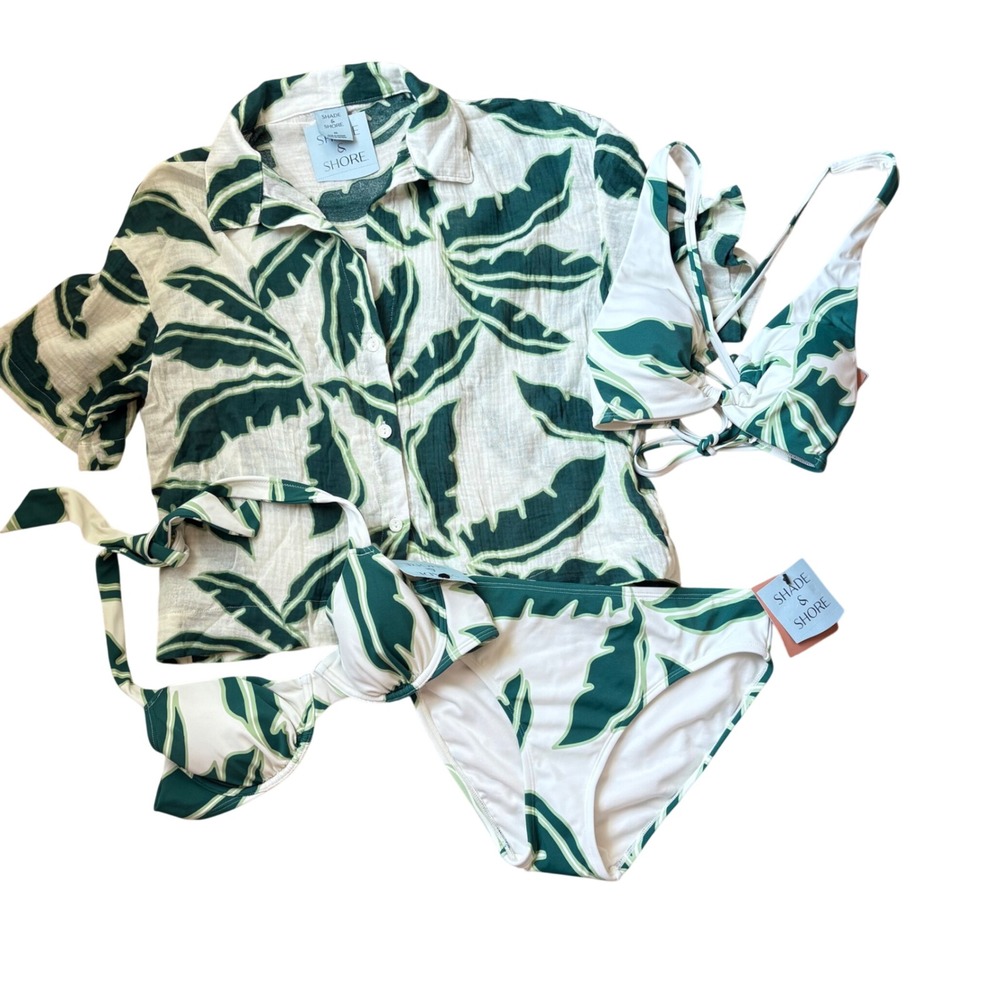 Shade & Shore 4pc Bikini Set Palm Leaf Cover Up Shirt 2 Tops XS Bottoms S NWT